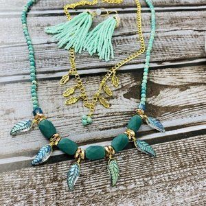 Agate Quartz Necklace 2 Strand Earrings Leaves